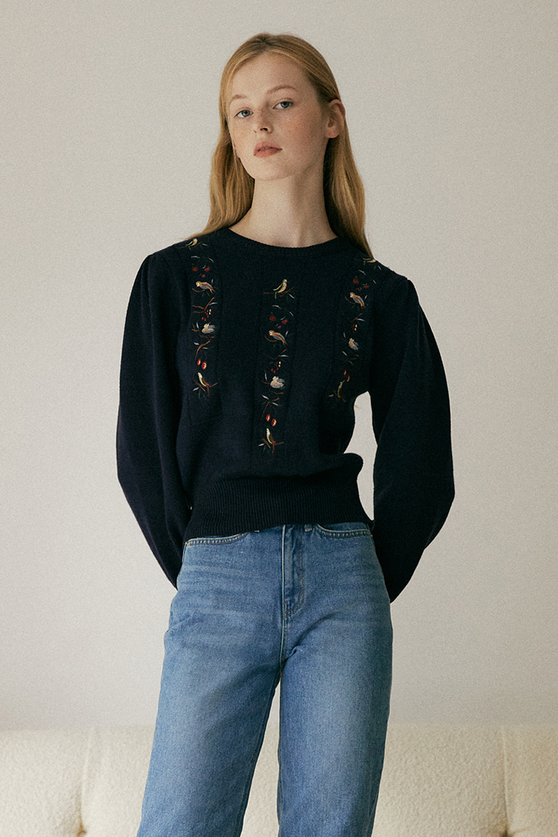 Parrot Embroider Wool Knit_Navy